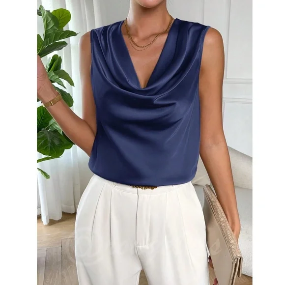 Satin Draped Cowl Neck Sleeveless Blouse Blue - Picture 5 of 8